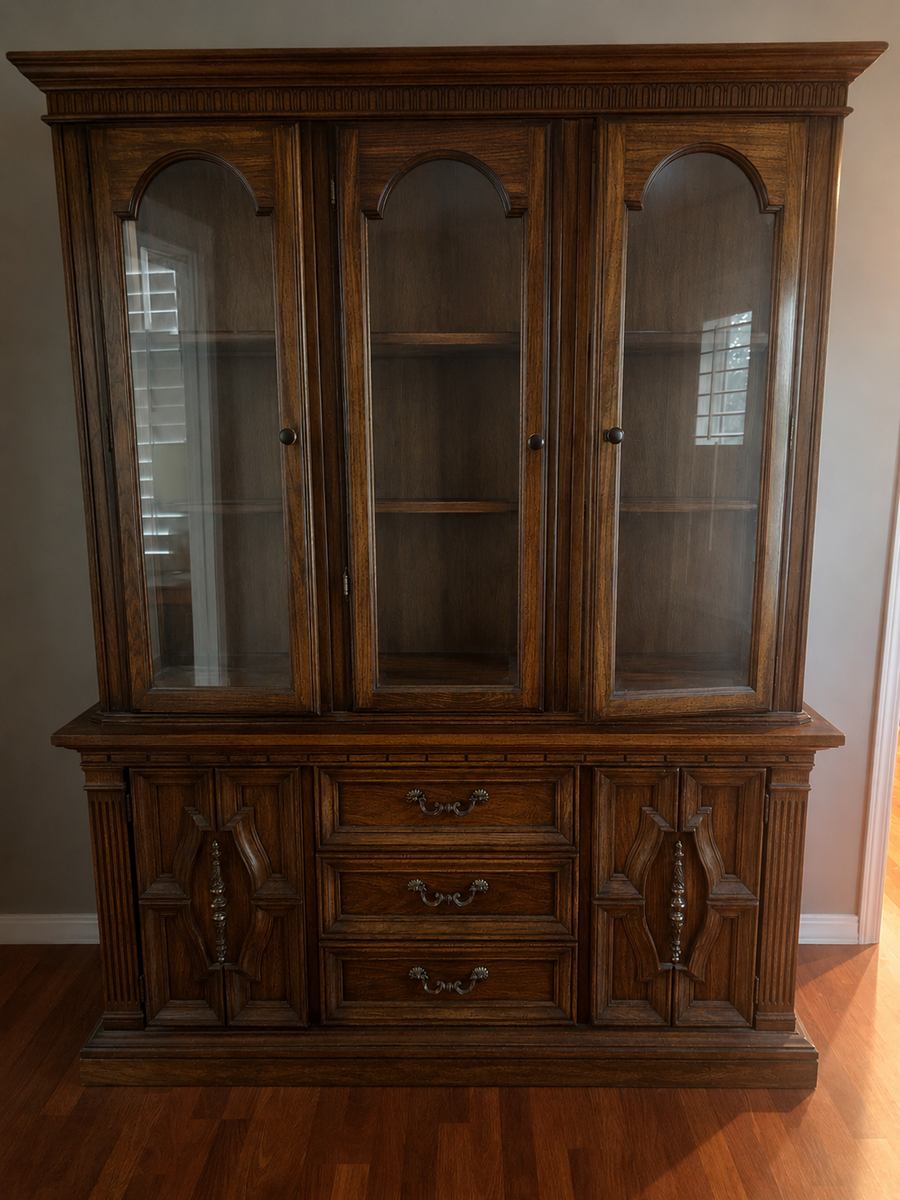Vintage Solid Wood China Cabinet Hutch with Glass Doors & 3 Drawers - Ornate Dark Oak Finish