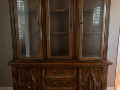 Vintage Solid Wood China Cabinet Hutch with Glass Doors & 3 Drawers - Ornate Dark Oak Finish