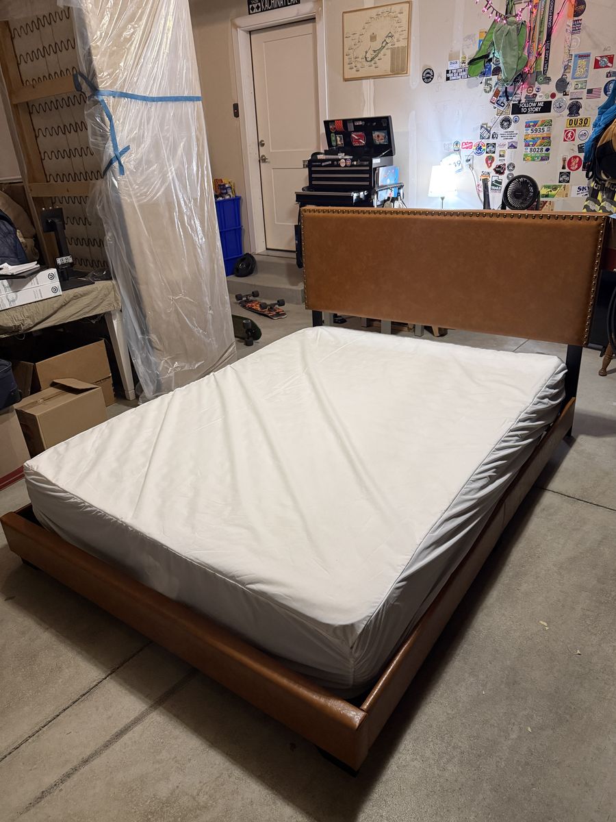 $225 OBO - Queen Upholstered Platform Bed Frame + Corsicana Mattress – Cognac Brown Nailhead Headboard