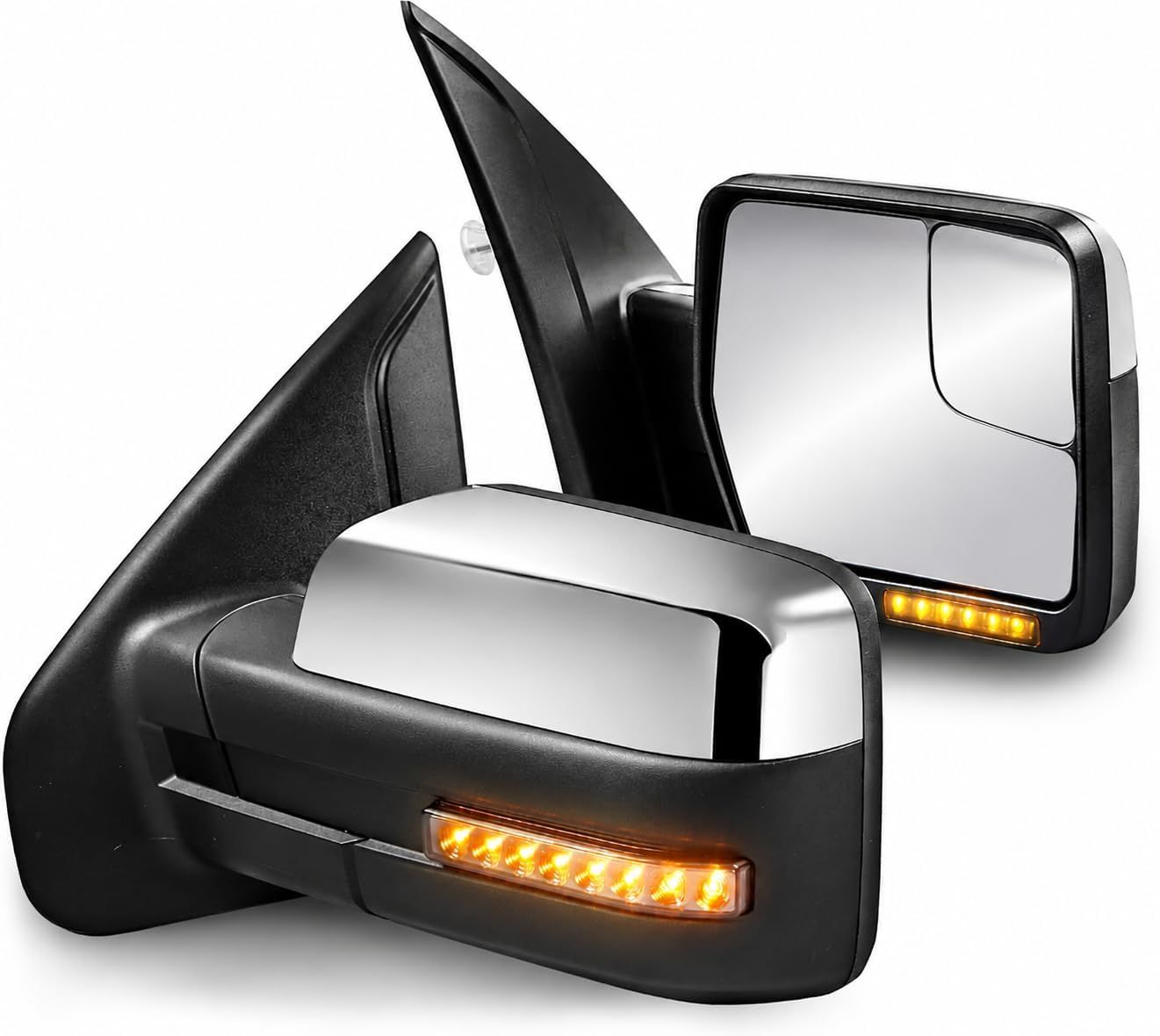 MOSTPLUS Towing Mirrors for 2004-2014 Ford F150 Power Heated Mirror w/Puddle Light, Sequential Turn Light, Dural Beam (Chrome)