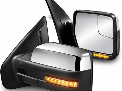 MOSTPLUS Towing Mirrors for 2004-2014 Ford F150 Power Heated Mirror w/Puddle Light, Sequential Turn Light, Dural Beam (Chrome)