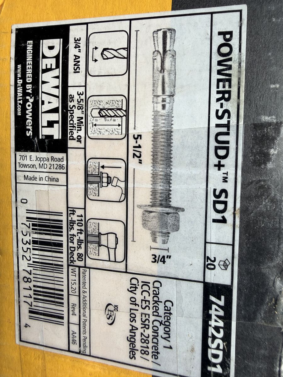 DeWalt 7442SD1-PWR Anchor 3/4" Steel 12685 lb Shear 9075 lb Tension Threaded