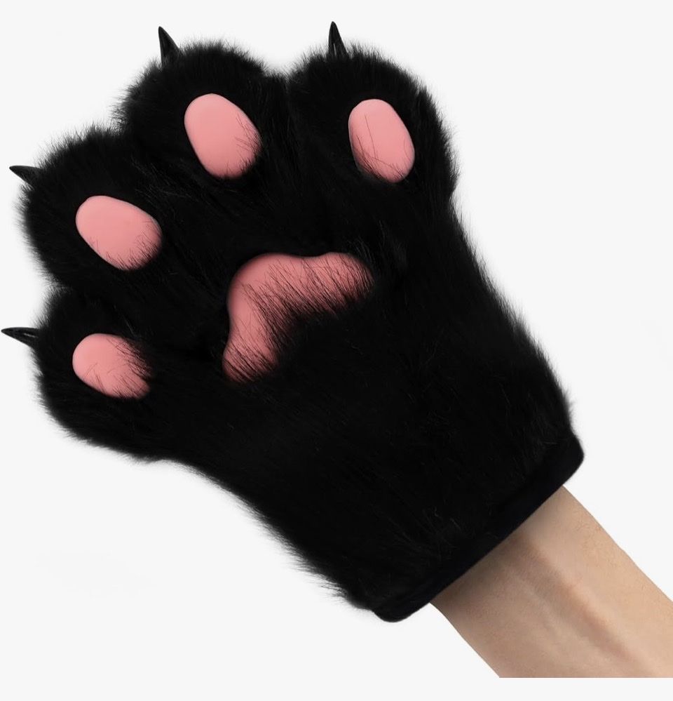 Black Furry Cat Paw Gloves with Pink Pads and Plastic Claws