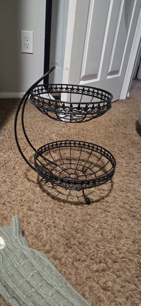 Decorative 2-Tier Metal fruit Basket Stand - Ornate Black Finish, Perfect for Kitchen or Home Decor