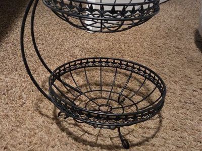 Decorative 2-Tier Metal fruit Basket Stand - Ornate Black Finish, Perfect for Kitchen or Home Decor