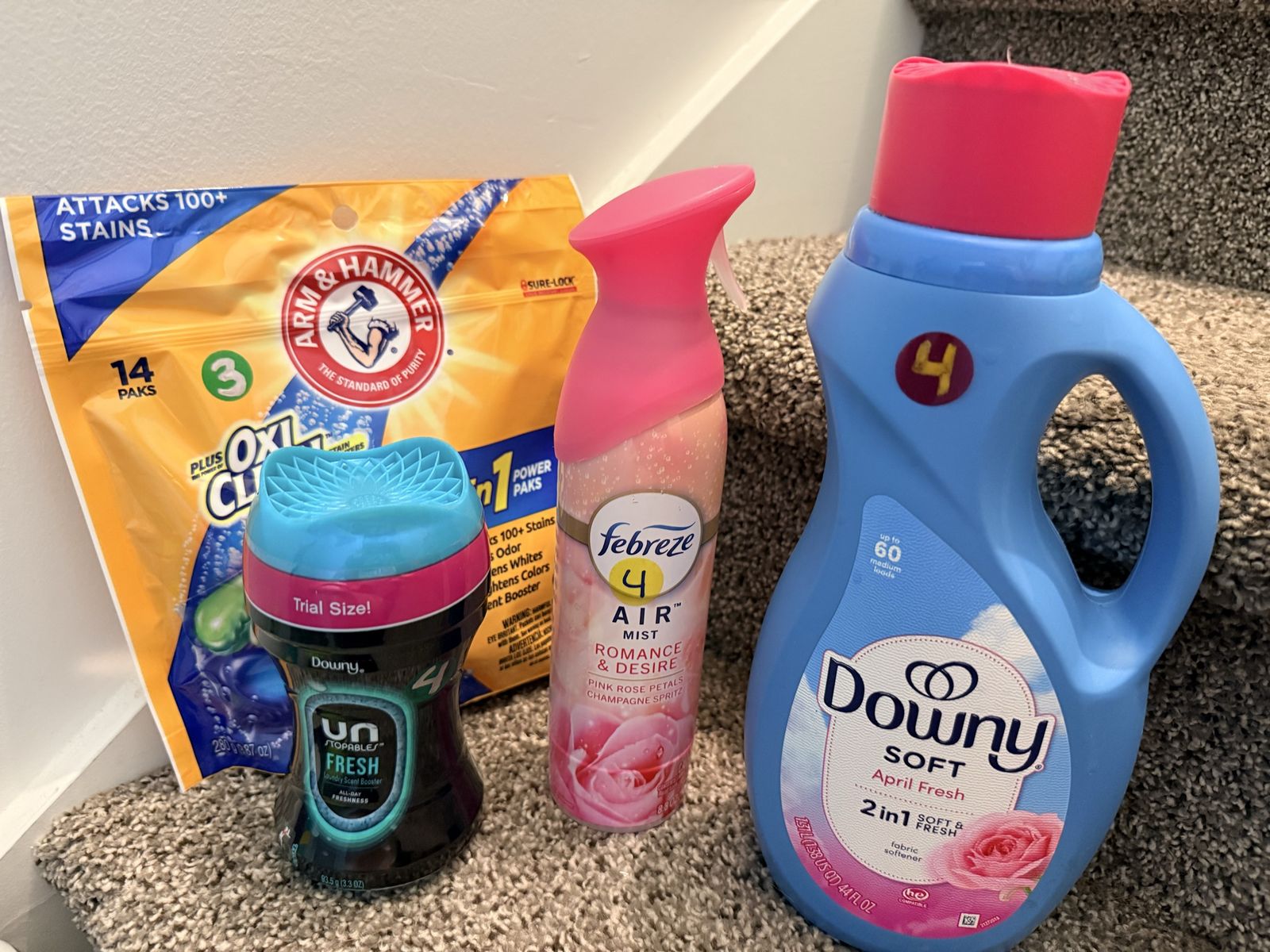Laundry & Air Care Bundle: Downy Fabric Softener, Unstopables Scent Booster, Febreze Air Mist, Arm & Hammer OxiClean Pak