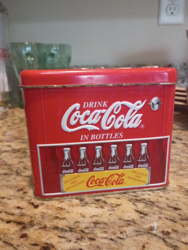 Vintage Coca Cola Tin Canister Drink in Bottles Red Metal Container