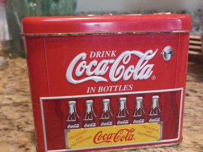 Vintage Coca Cola Tin Canister Drink in Bottles Red Metal Container