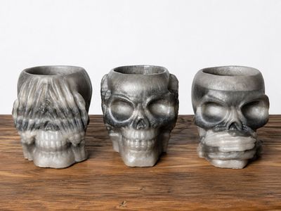 See No Evil, Hear No Evil, Speak No Evil Skull Candle Holders/Planters - Silver/Black Resin