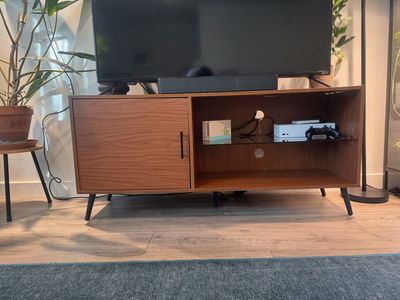 Mid-Century Modern Wood TV Stand Media Console, Sliding Door, Glass Shelf
