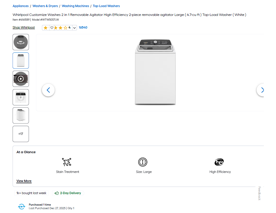 Brand new Whirlpool Washer Large-Bought in December 2025