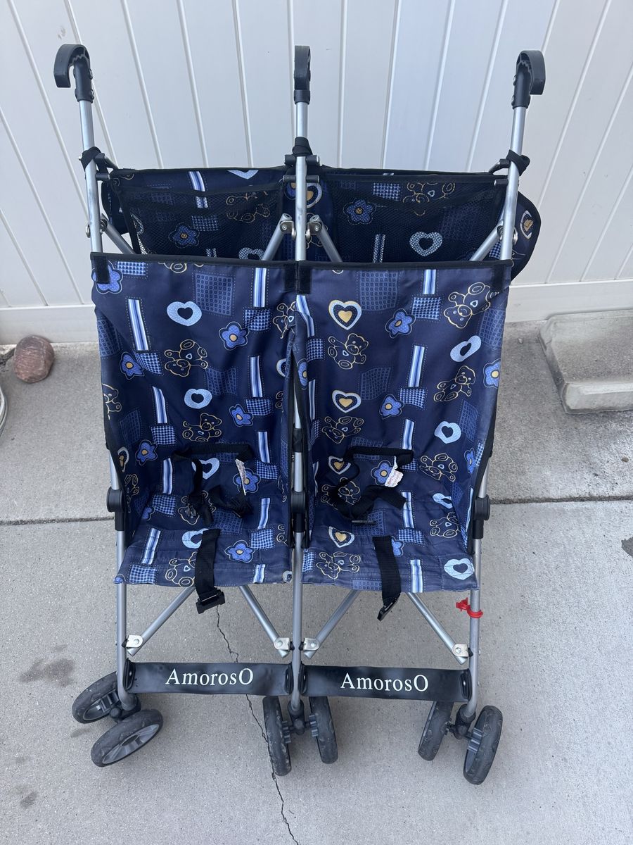 AmorosO Double Umbrella Stroller - Navy Blue with Hearts & Bears - Lightweight Twin Stroller