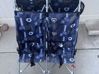 AmorosO Double Umbrella Stroller - Navy Blue with Hearts & Bears - Lightweight Twin Stroller