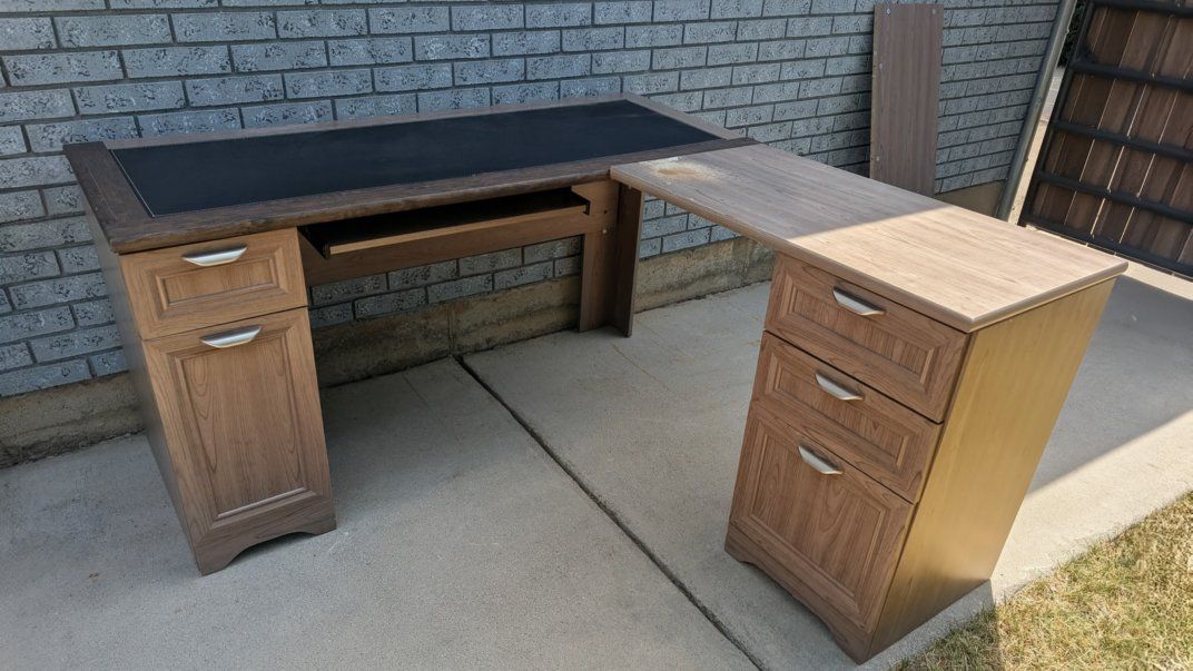 Wooden L-Shaped Desk with Keyboard Tray & File Drawers - Tan/Brown Finish