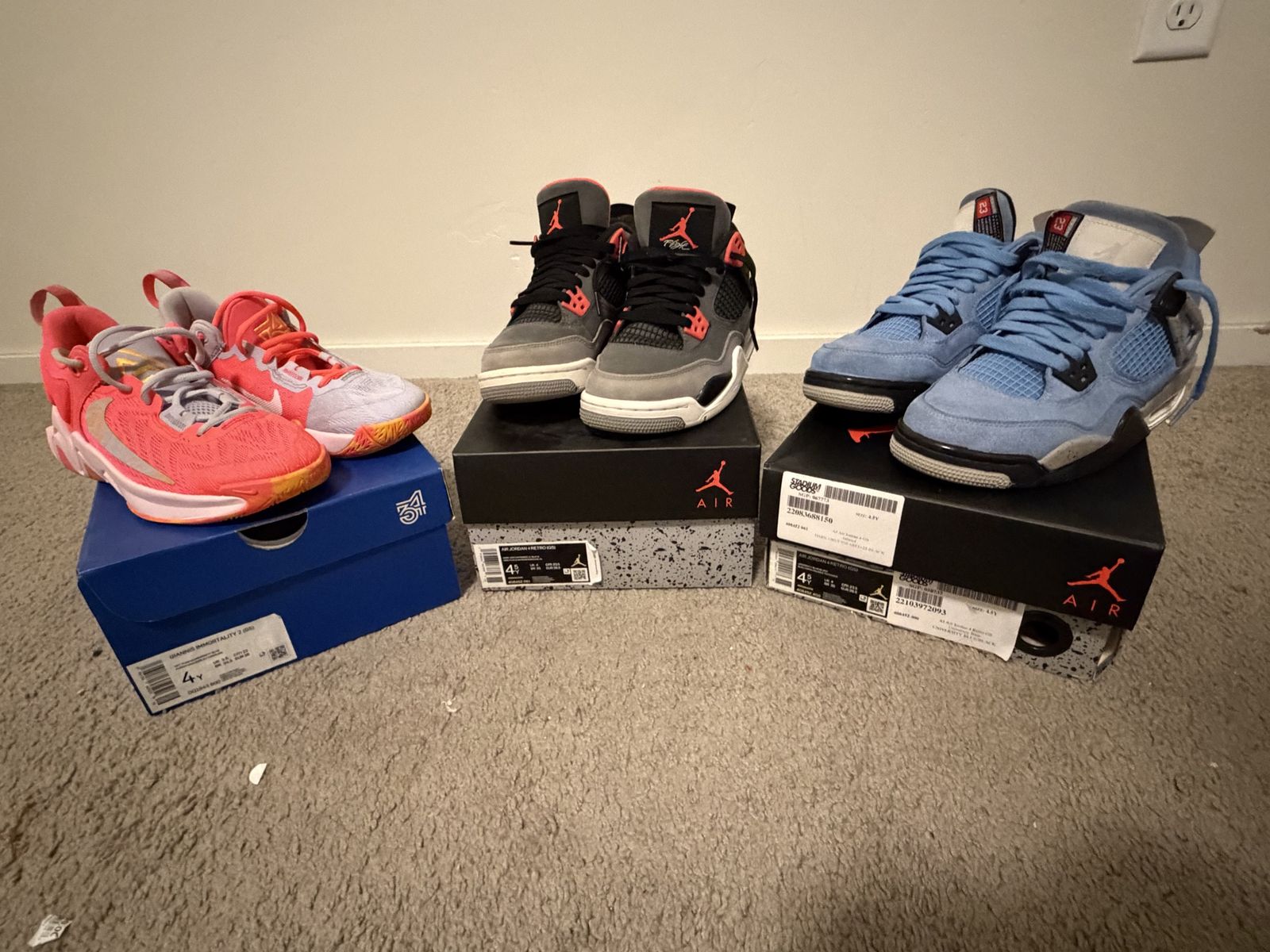 2 Pairs Of Kids Nike Air Jordan 4 Retro (GS)Size 4.5Y// 1 Pair Of Kids Giannis Immortality 2 (GS) Size 4Y For Sale.
