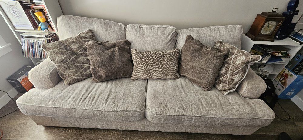 Cozy Beige Fabric Sofa Couch with Decorative Throw Pillows - Excellent Condition