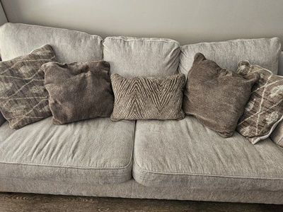 Cozy Beige Fabric Sofa Couch with Decorative Throw Pillows - Excellent Condition