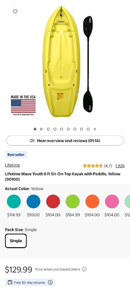 Lifetime Wave Youth 6 ft Sit-On-Top Kayak with Paddle - Yellow