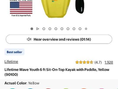 Lifetime Wave Youth 6 ft Sit-On-Top Kayak with Paddle - Yellow
