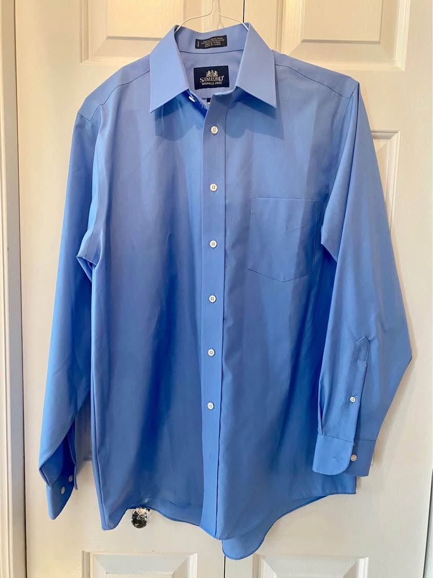 LIKE NEW - Mens Stafford Lt Blue Wrinkle Free Dress Shirt with Pocket - SZ 15.5 34/35 - C PICS