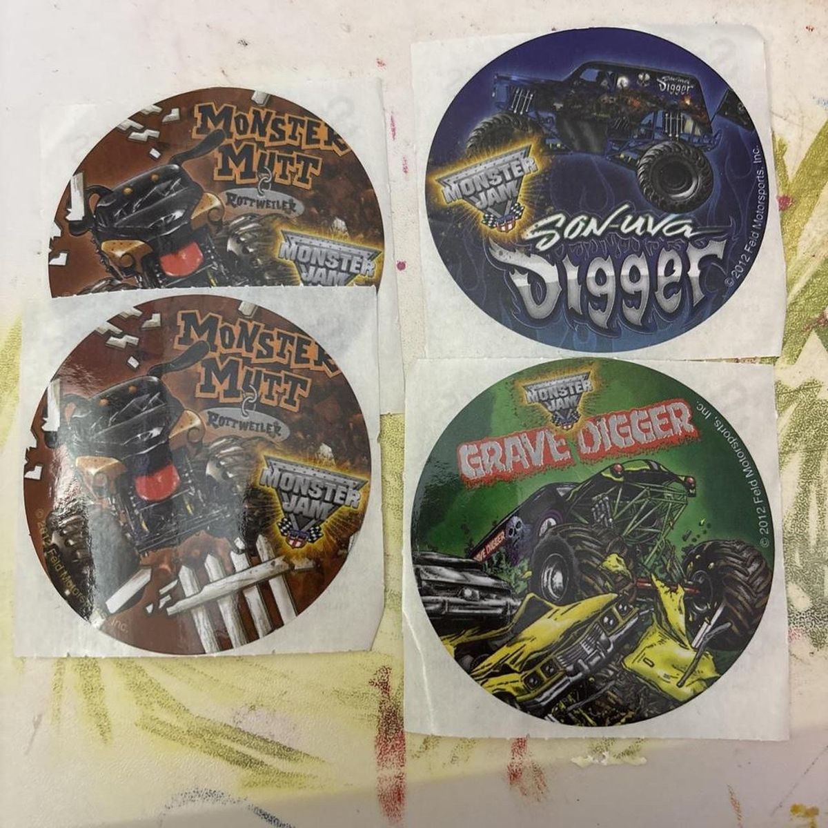 2012 Monster Jam Stickers: Grave Digger, Son-Uva Digger, & Monster Mutt Rottweiler Set (4 Total)