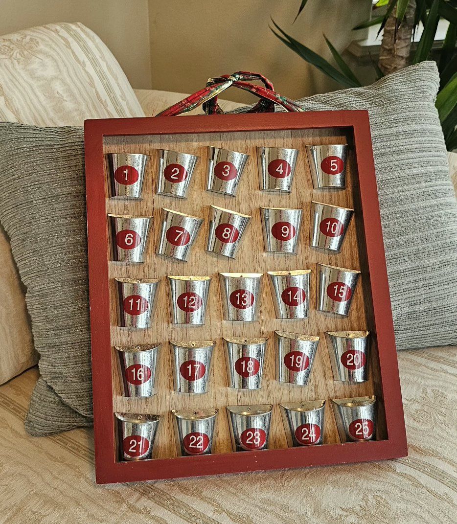 Wooden Advent Calendar with Metal Buckets Numbered 1-25  12"×14.5"