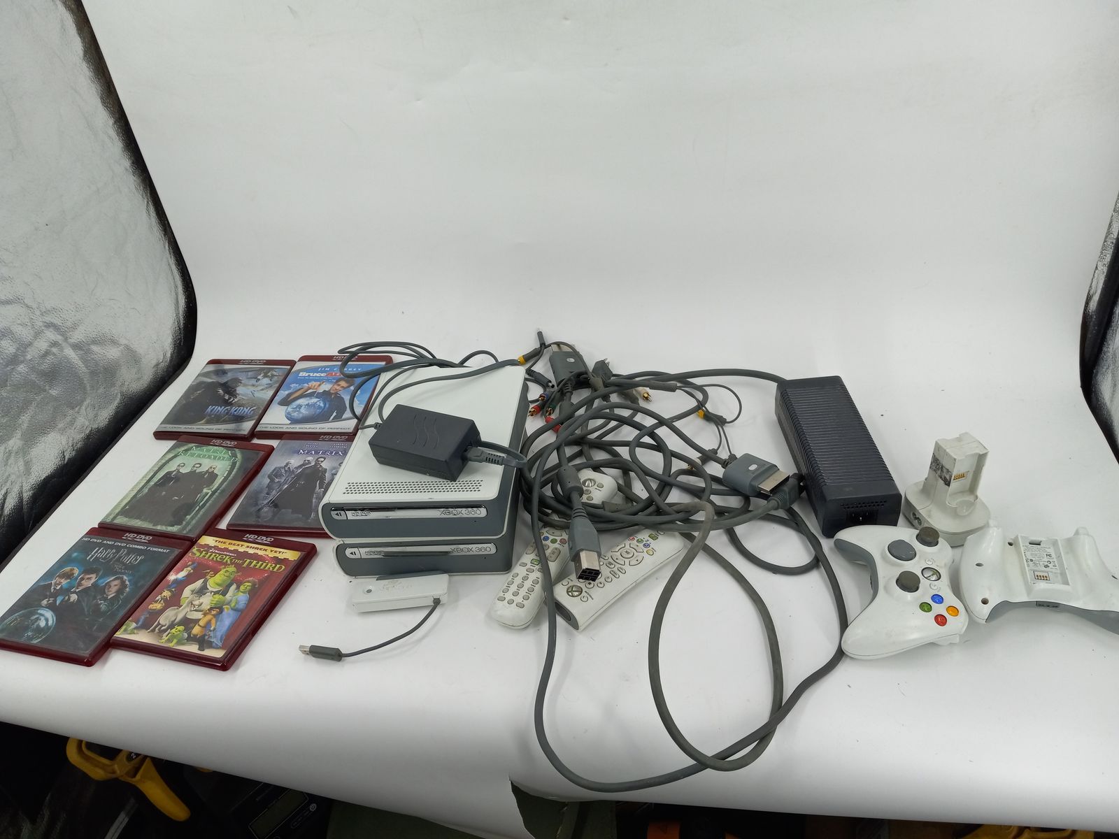 Collectable Xbox 360 HD DVD Player Add-On Lot with 2 Drives, Remotes, Cables & 6 HD DVD Movies