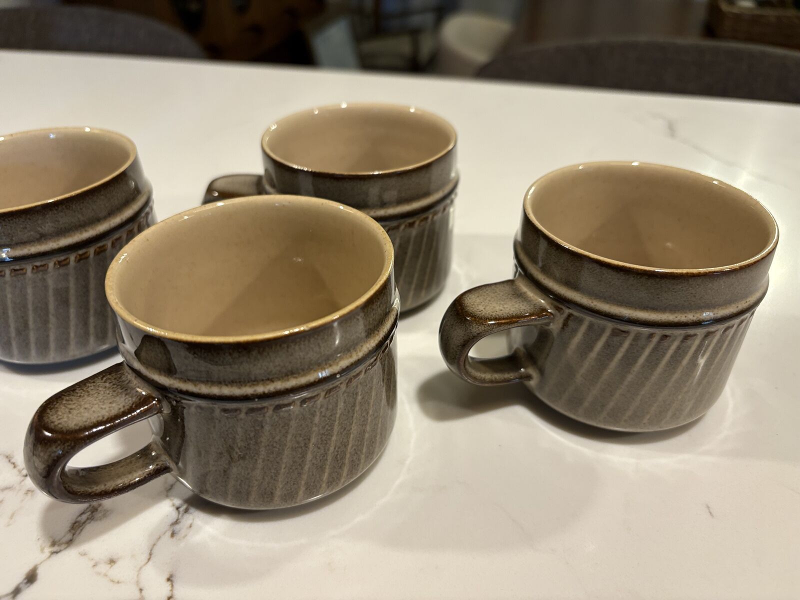 Vintage Denby-Langley Sonnet pattern mugs.made in England. 8 cups, 1 creamer, 1 bowl