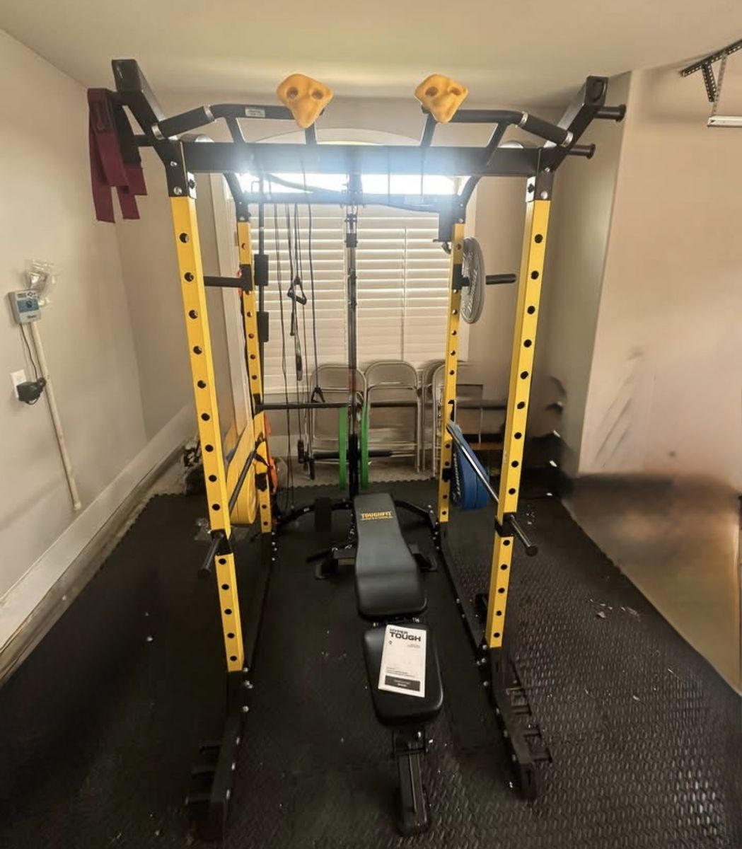 ToughFit Adjustable Squat Rack Power Cage with Bench Home Gym