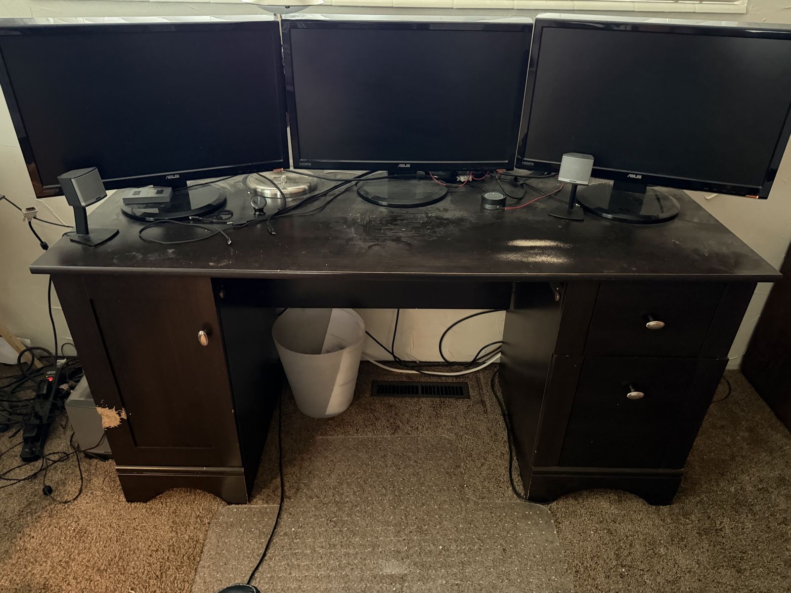 Used Large Wooden Desk with Cabinets and Drawers - Dark Wood Finish