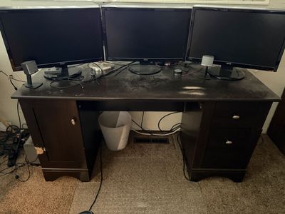 Used Large Wooden Desk with Cabinets and Drawers - Dark Wood Finish