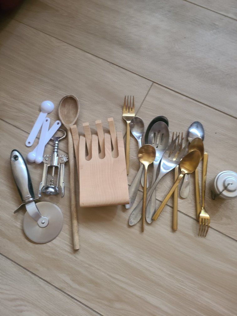 Assorted Kitchen Utensil Lot - Stainless Steel & Wood, Pizza Cutter, Corkscrew, Spoons, Forks