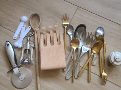 Assorted Kitchen Utensil Lot - Stainless Steel & Wood, Pizza Cutter, Corkscrew, Spoons, Forks