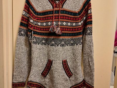 Ecologic Arts Alpaca Hooded Poncho Sweater Large - Gray/Multi Aztec Pattern Fringe Hem