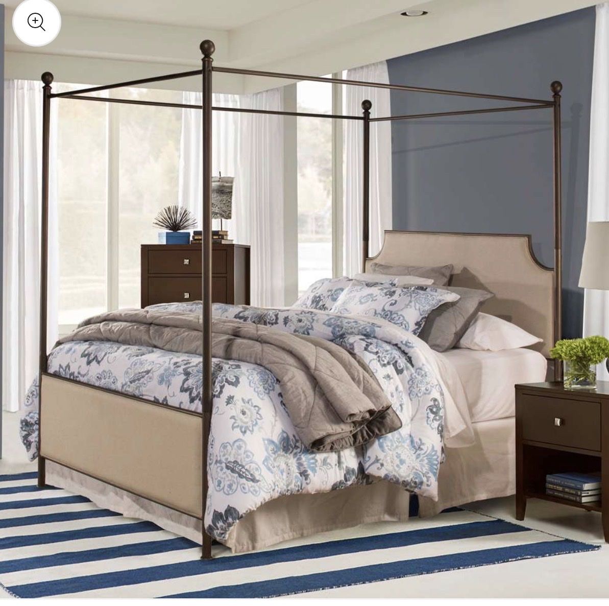 McArthur King Metal and Upholstered Canopy Bed, Bronze with Linen Stone Fabric
