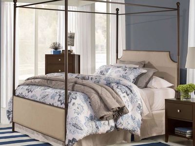 McArthur King Metal and Upholstered Canopy Bed, Bronze with Linen Stone Fabric