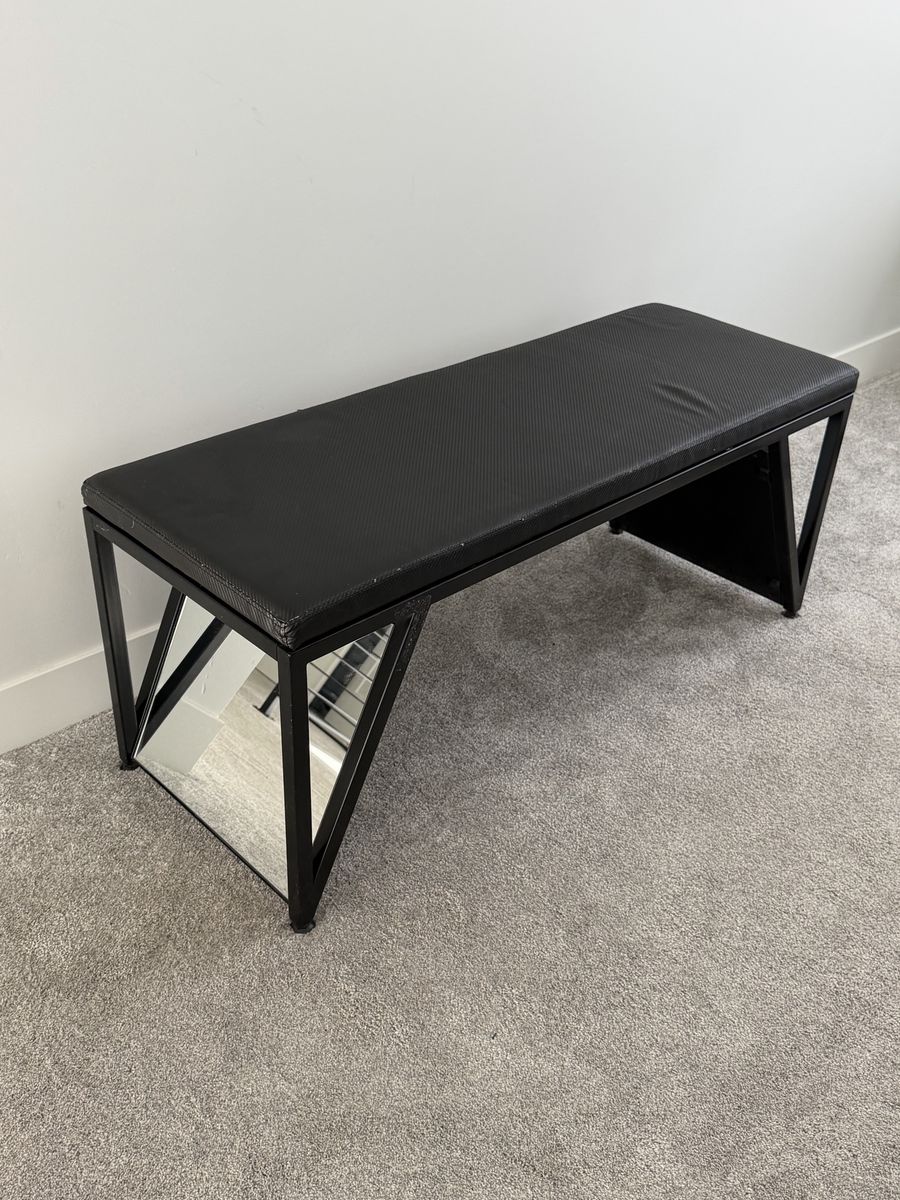 Modern Black Upholstered Entryway Bench with Geometric Metal Frame and Angled Mirror