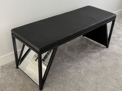Modern Black Upholstered Entryway Bench with Geometric Metal Frame and Angled Mirror