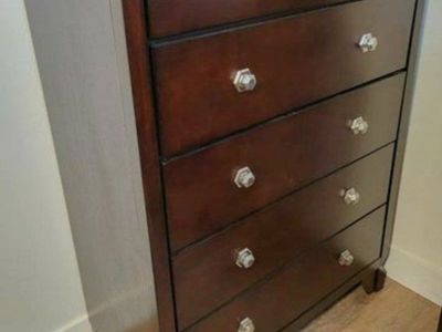 Pair of Dark Wood 5-Drawer Tall Dressers/Chests with Hexagonal Knobs