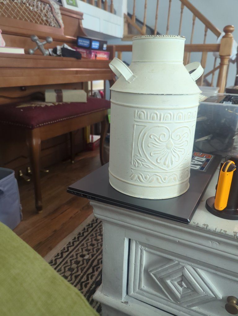 Rustic White Farmhouse Metal Milk Can Decor with Embossed Design