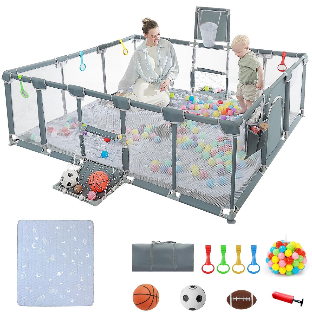 Large Baby Playpen with Ball Pit, Basketball Hoop, Mat & Balls - Indoor/Outdoor Infant Toddler Activity Center