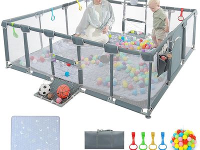 Large Baby Playpen with Ball Pit, Basketball Hoop, Mat & Balls - Indoor/Outdoor Infant Toddler Activity Center