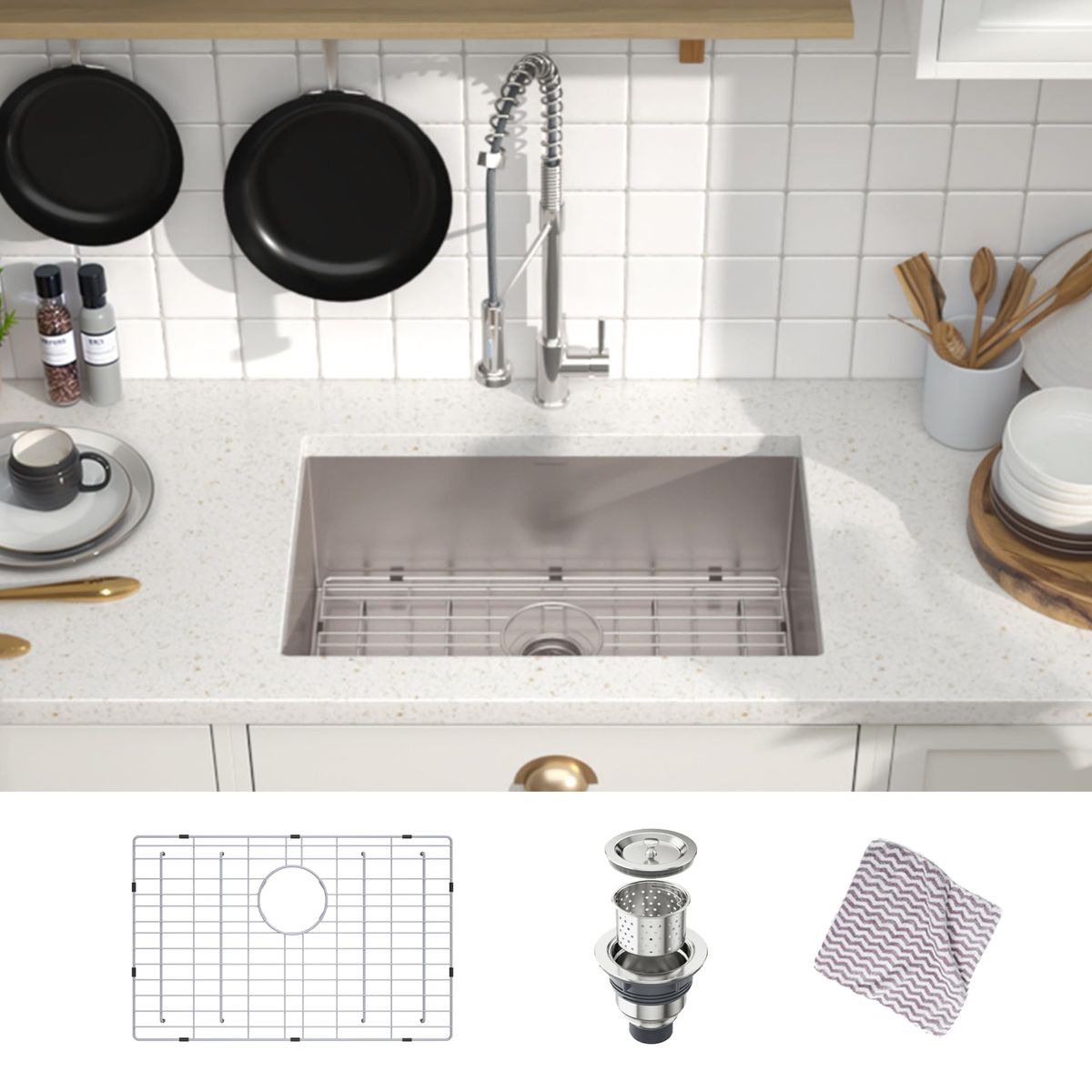 New Undermount Kitchen Sink, Stainless Steel Round Corner Single Bowl 10-inch Deep, 27"X18"Inch