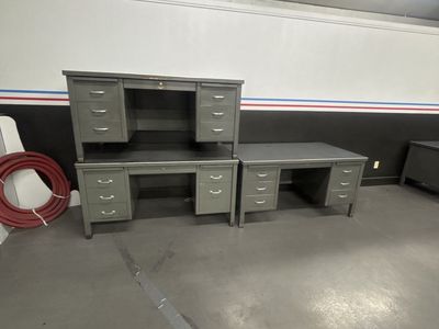 Vintage Industrial Steel Desks - 2 Units, Grey Metal, Multi-Drawer Office Furniture