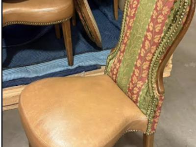 Antique Victorian Slipper Chair Leather Seat Tapestry Back Brass Nailhead Parlor
