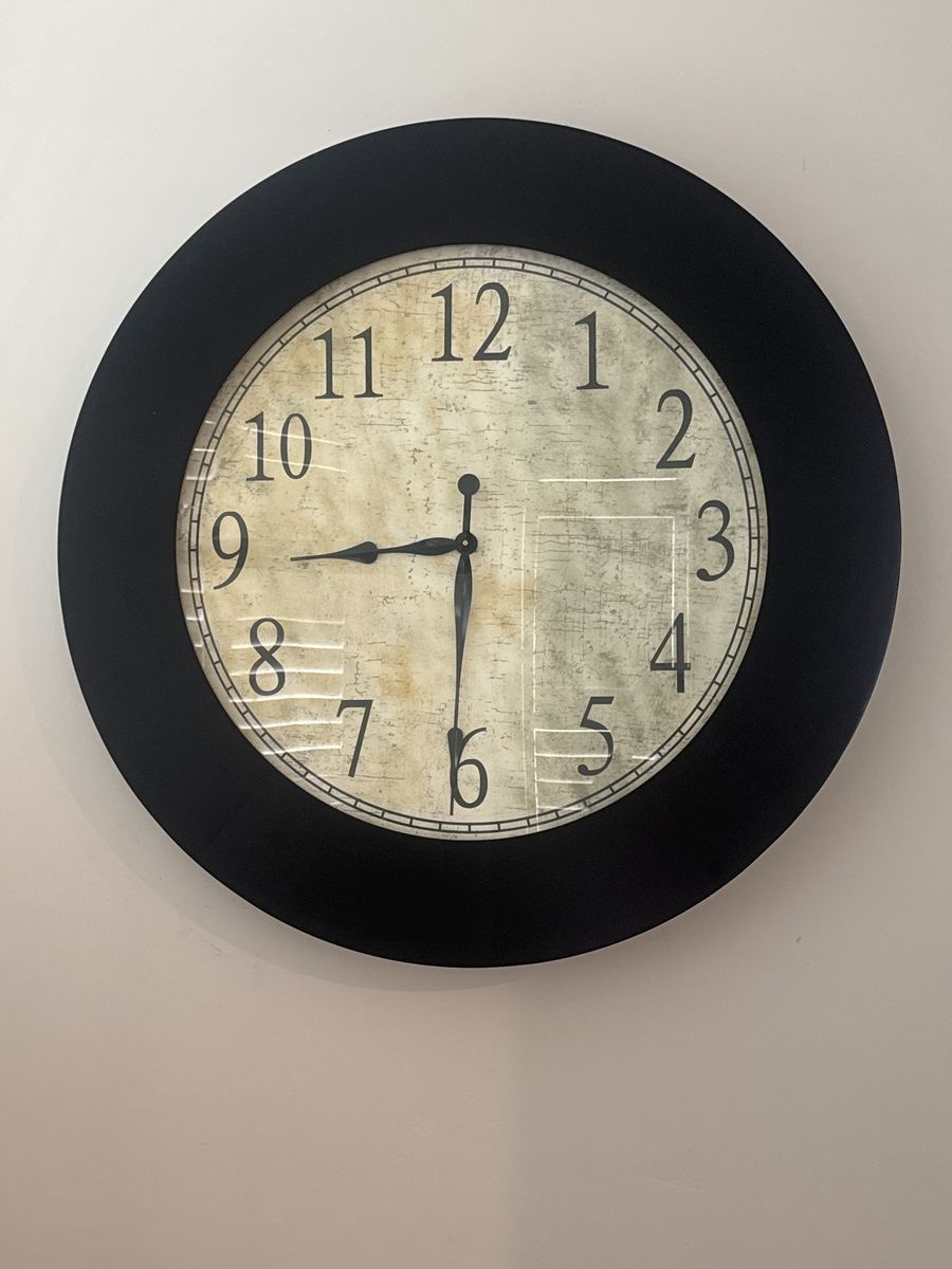 Large Round Wall Clock - Black Frame, Vintage-Inspired Face, Easy-to-Read Numerals. 37 inches width & height.