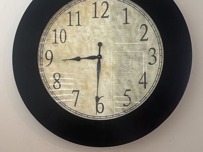 Large Round Wall Clock - Black Frame, Vintage-Inspired Face, Easy-to-Read Numerals. 37 inches width & height.