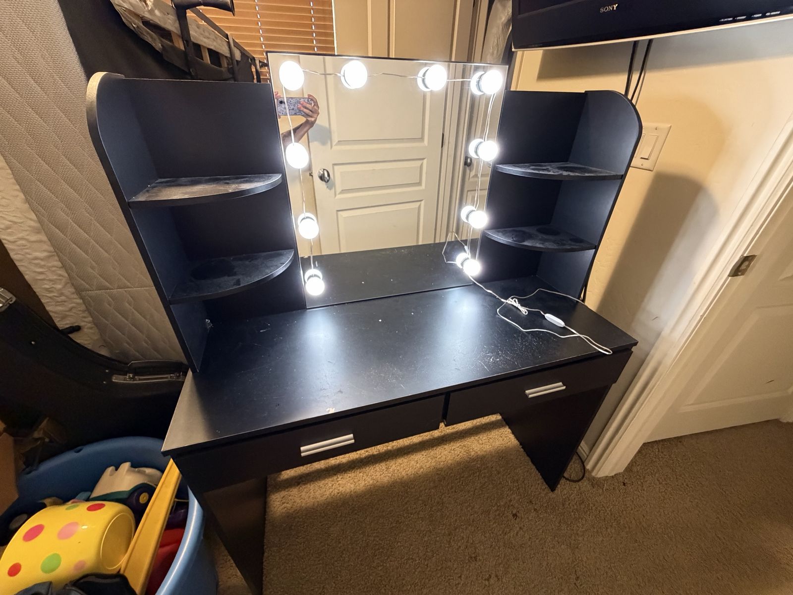Black Vanity Table with Light-Up Hollywood Mirror and Shelves