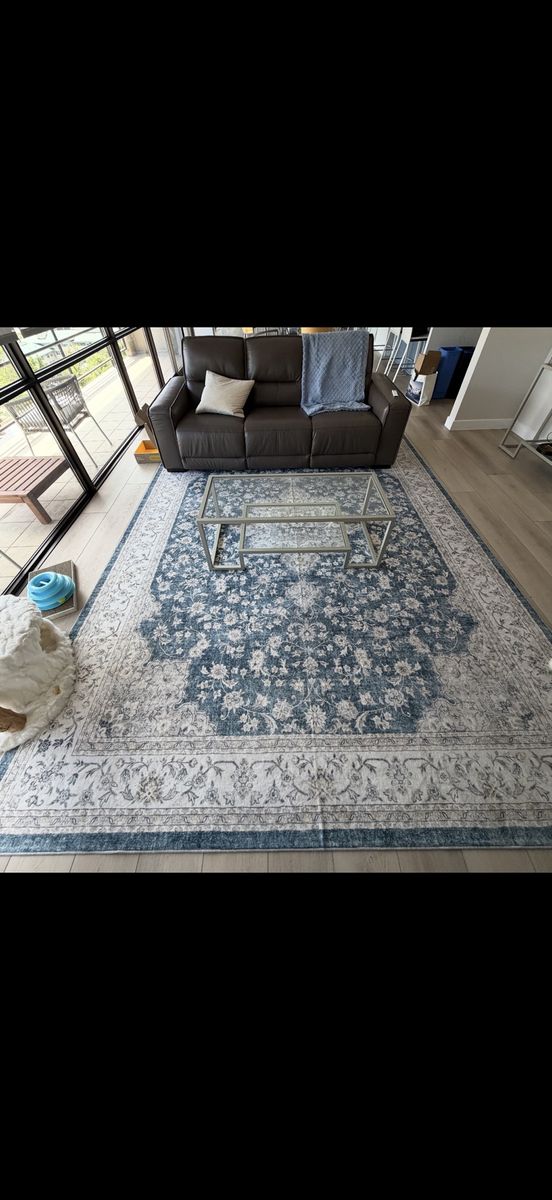 Blue Medallion Non-Slip Washable Area Rug - Large Floral Pattern