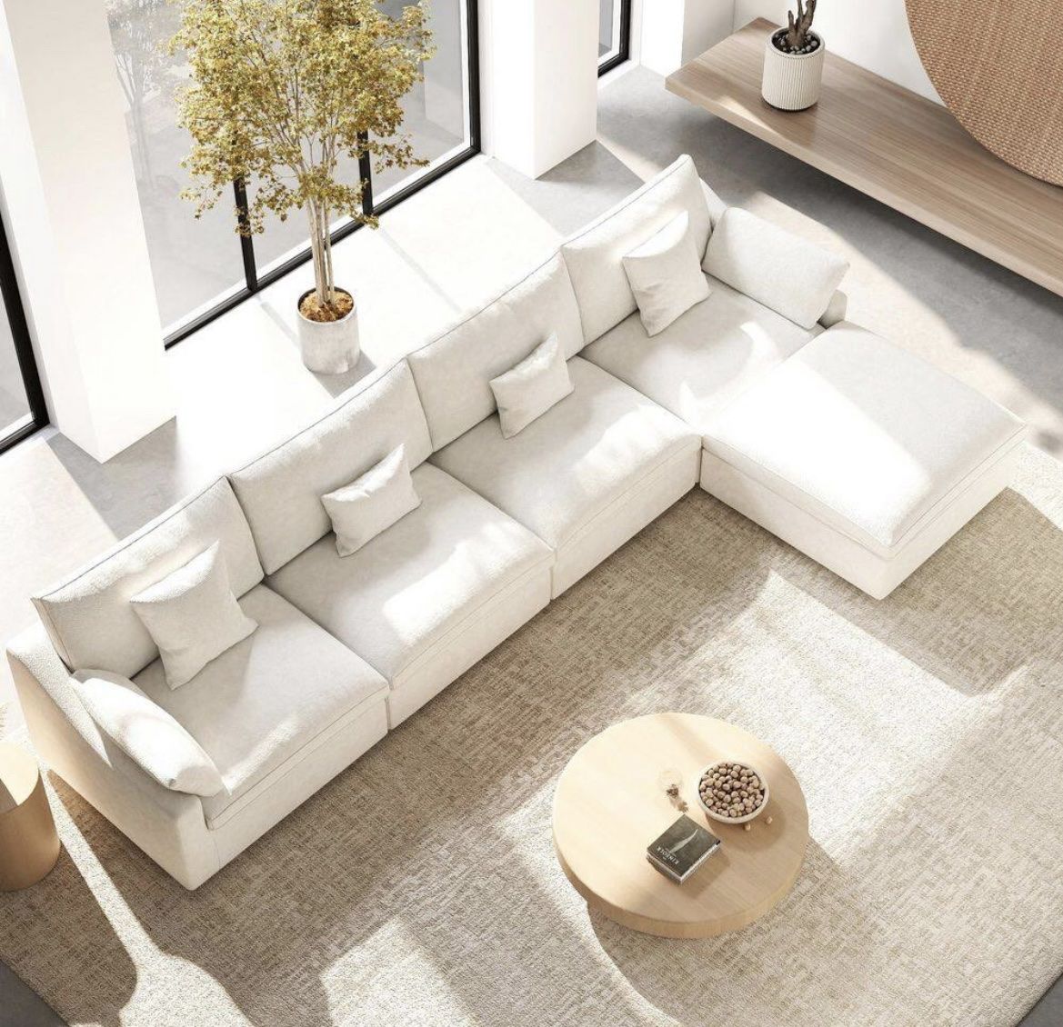 Large Modular Sectional Sofa with Chaise in White Fabric